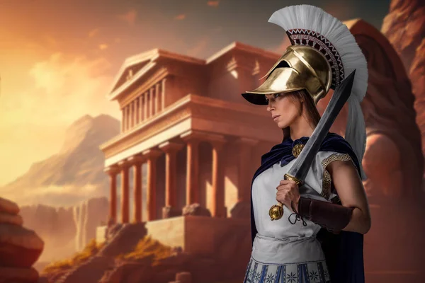 Porträt Einer Kriegerischen Griechischen Frau Tunika Und Mantel Mit Schwert — Stockfoto