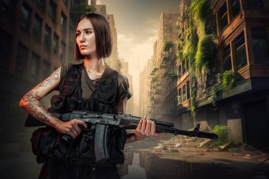 Portrait of female soldier dressed in protective uniform and holding rifle.