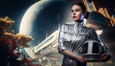 Art of cosmonaut woman with silver suit and helmet against outer space and space station.