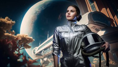 Art of cosmonaut woman with silver suit and helmet against outer space and space station.