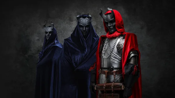 Studio Shot Mysterious Brotherhood Cult Dressed Mantles Horned Masks — Stock Photo, Image