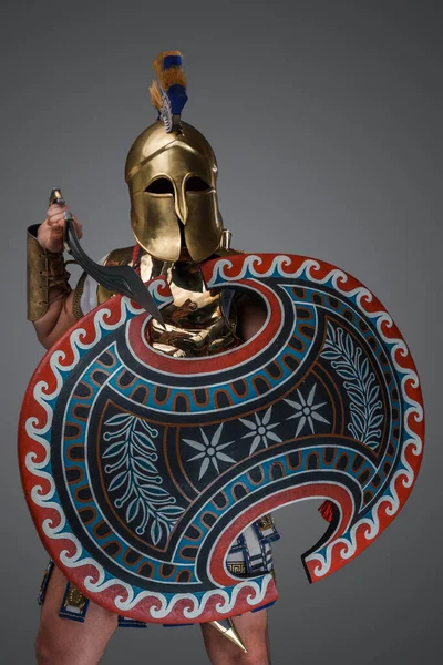 Studio Shot Military Man Antique Greece Shield Gladius — Fotografia de Stock
