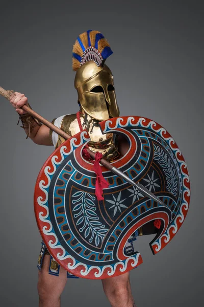 Portrait Greek Spearman Dressed Plumed Helmet Armor — Stock Photo, Image