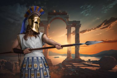 Art of greek female soldier with golden helmet and spear against sea and ancient columns.
