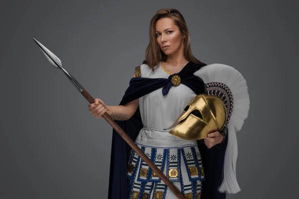 Studio Shot Antique Greek Warrior Woman Dressed Blue Cloak Holding — Stockfoto