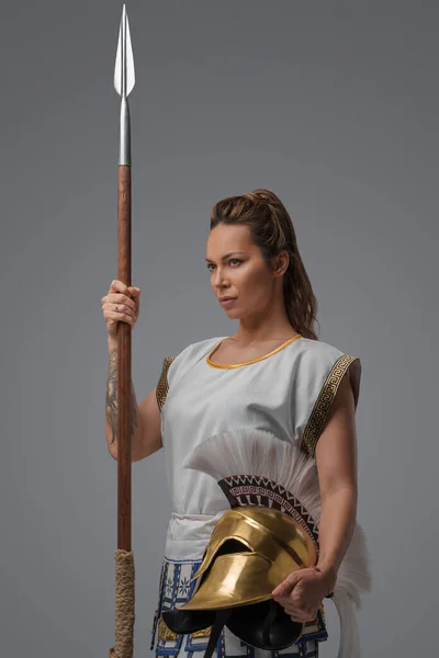 Portrait Isolated Grey Background Female Greek Soldier Spear — Stockfoto