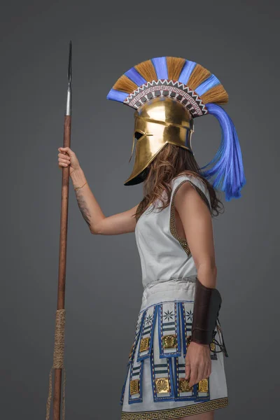 Shot Isolated Grey Background Greek Soldier Woman Holding Spear — Stock Photo, Image
