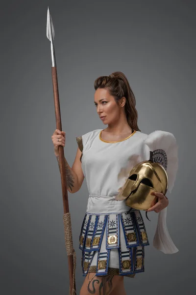 Portrait Isolated Grey Background Greek Soldier Woman Spear — Stock Photo, Image