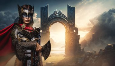 Portrait of fearless warrior woman from past with spear against mythical gates.