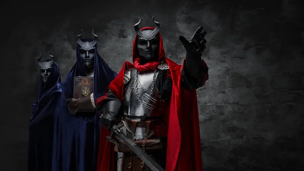 Studio Shot Mysterious Organization Three Cultists Dressed Robes Masks — Stok Foto