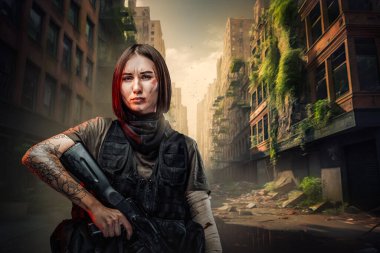 Portrait of female soldier dressed in protective uniform and holding rifle.