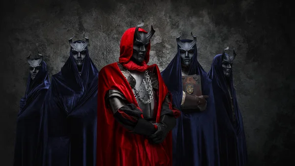 Portrait Secret Cult Its Members Dressed Robes Dark Masks — Stok fotoğraf