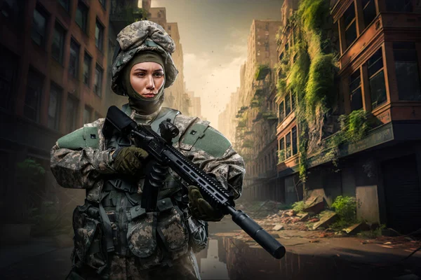 Art of soldier woman with rifle in post apocalyptic city with destroyed buildings.