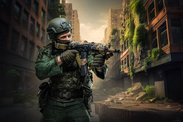 Art of military man dressed in uniform holding rifle against abandoned city.