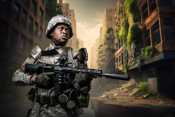 Art of african military man dressed in uniform holding rifle against abandoned city.
