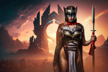 Artwork of brave female barbarian from north dressed in armor and holding long spear.