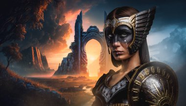 Portrait of female warrior from north with makeup dressed in dark armor.