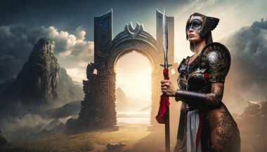 Portrait of barbaric viking woman with spear against fantasy gates and sunbeam.