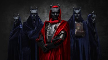 Portrait of secret cult and its members dressed in robes and dark masks. clipart