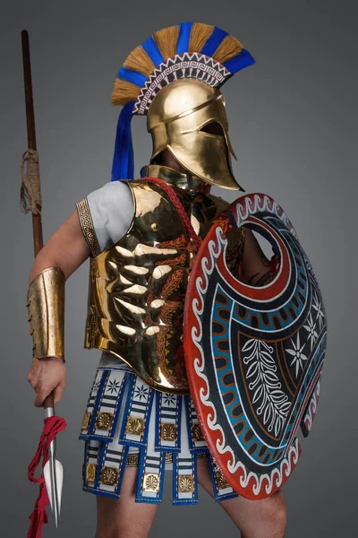 Portrait Warrior Ancient Greece Dressed Armor Helmet Holding Shield Spear — Stock Fotó
