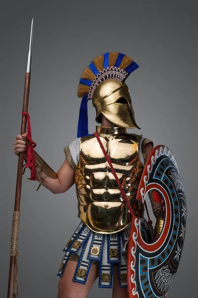 Portrait Warrior Ancient Greece Dressed Armor Helmet Holding Shield Spear — Stock Photo, Image