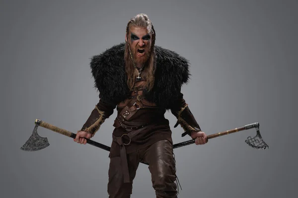 Studio Shot Furious Ancient Viking Painted Face Black Fur — Stock Photo, Image