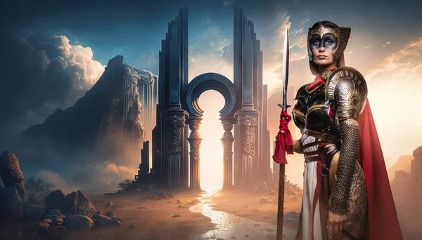 Artwork Brave Female Barbarian North Dressed Armor Holding Long Spear — Stockfoto