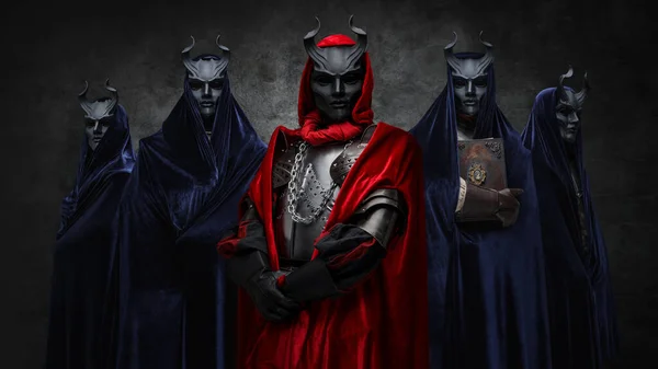 Portrait Secret Cult Its Members Dressed Robes Dark Masks — Stok fotoğraf