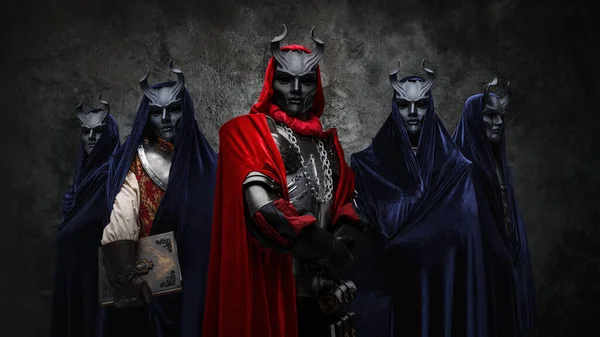 Studio Shot Esoteric Brotherhood Five People Robes Horned Masks — Photo