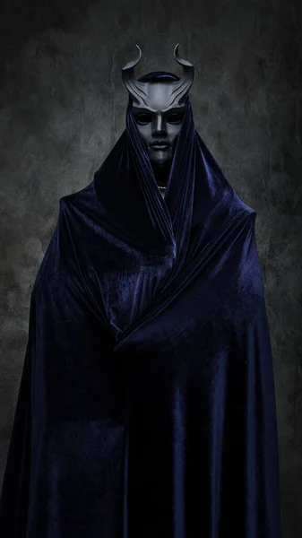 Estúdio Tiro Seguidor Culto Escuro Vestido Com Roupão Escuro Máscara — Fotografia de Stock