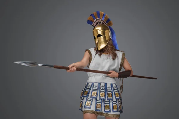 Shot Violent Ancient Female Warrior Spear Grey Background — Zdjęcie stockowe