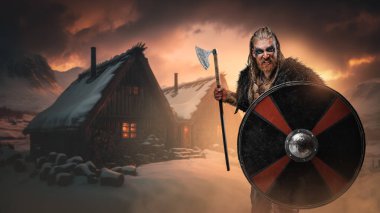 Kuzey köyünden kürklü ve kızıl saçlı savaşçı Viking portresi..