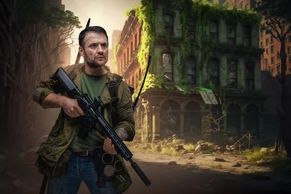 Art of soldier man with gun surviving in abandoned city in setting of post apocalypse.