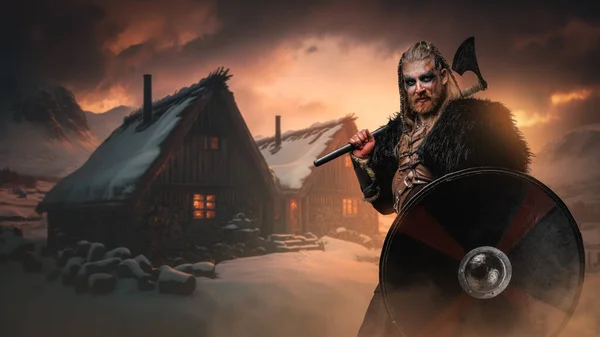 Portrait Warlike Viking Fur Red Hairs Northern Village — Stock Photo, Image