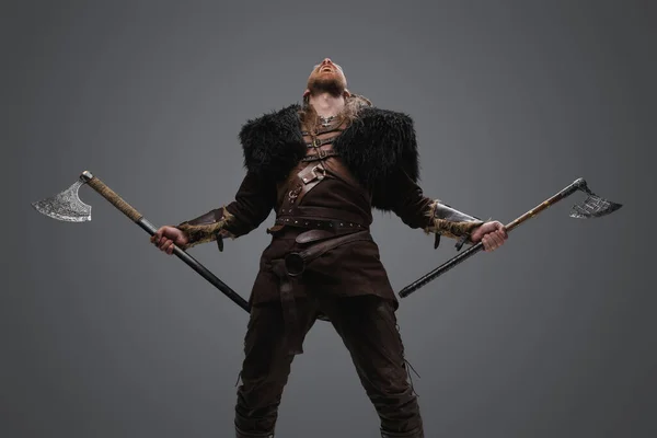 Studio Shot Screaming Viking Dual Axes Dressed Fur Leather Armor — Stock Photo, Image