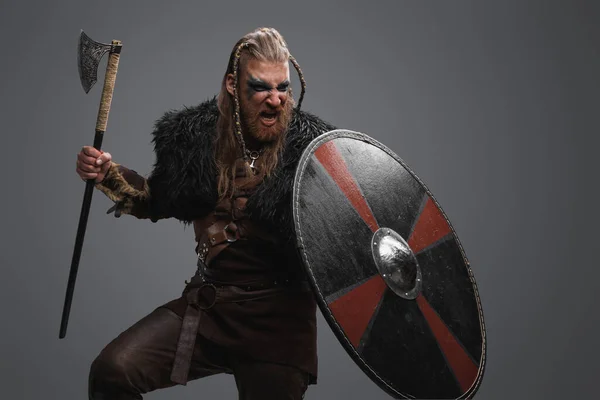 Studio Shot Isolated Gray Background Furious Barbarian North — Stock Photo, Image