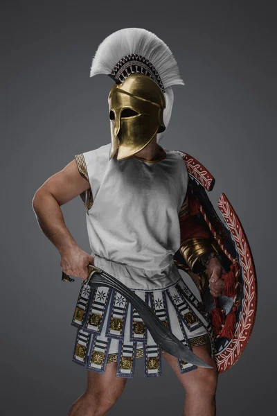 방패와 글라디우스를 황금색 헬멧을 그리스 병사의 — 스톡 사진