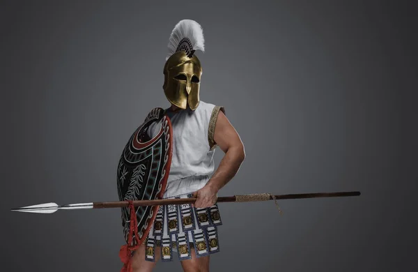 Портрет Военного Античной Греции Белой Тунике Шлеме — стоковое фото