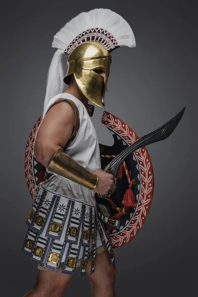 방패와 글라디우스를 황금색 헬멧을 그리스 병사의 — 스톡 사진