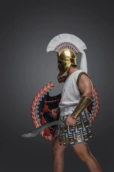 Altın Miğferli Antik Yunan Askerinin Yuvarlak Kalkanı Gladius Vardı — Stok fotoğraf