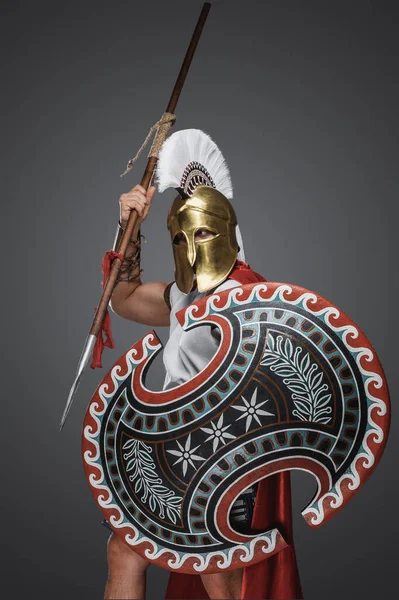 Studio Furious Spearman Ancient Greece Dressed Armor Cloak — Stock Photo, Image