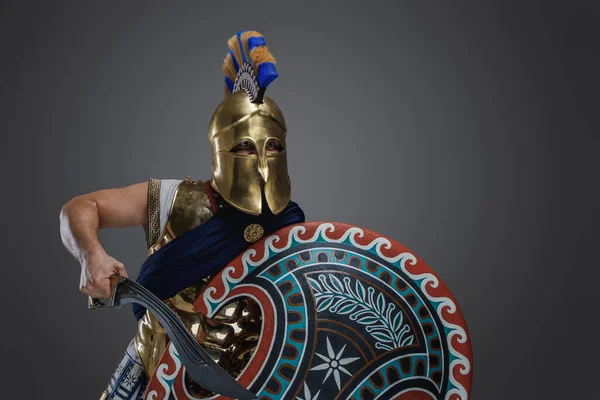 Shot Antique Swordsman Greece Helmet Armor Holding Sword Shield — Stock Photo, Image