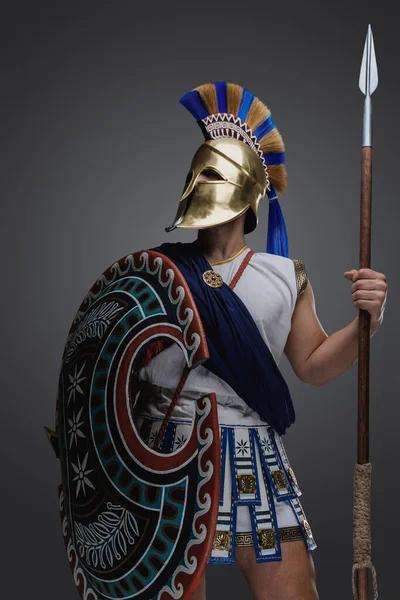Portrait Warrior Antique Greece Dressed Tunic Golden Helmet — Stock Photo, Image