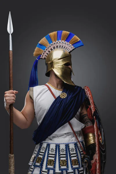 Retrato Guerrero Antigua Grecia Vestido Con Túnica Casco Oro —  Fotos de Stock