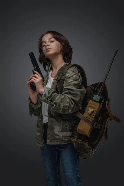 Studio Shot Young Girl Setting Post Apocalypse Backpack Handgun — Stock Photo, Image