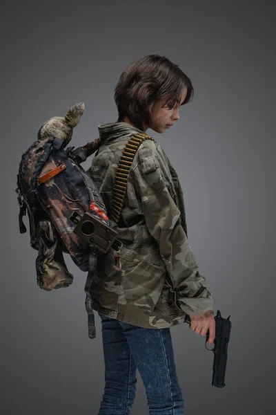 Portrait Young Girl Survived Global Disaster Dressed Camouflage Jacket — Stok fotoğraf
