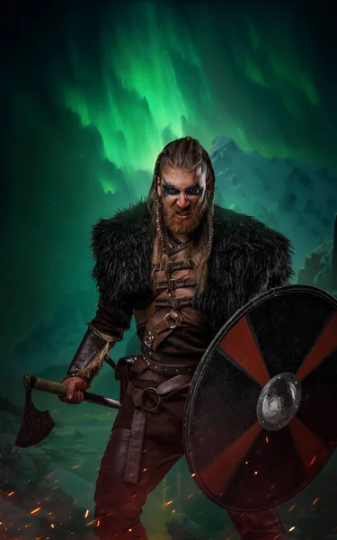 Portrait of violent nordic warrior dressed in leather armor and fur in norse.