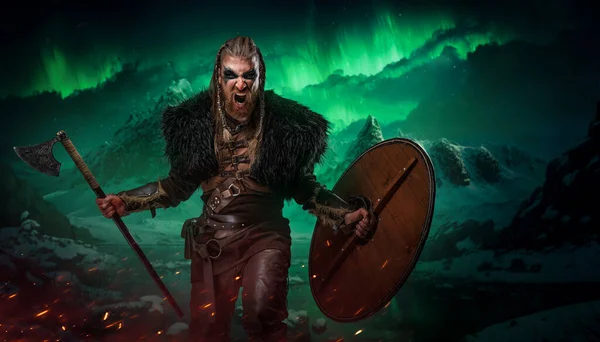 Kunst Nordischer Krieger Rüstung Und Pelz Gegen Berge Und Polarlichter — Stockfoto