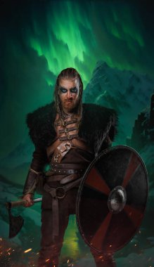 Ortaçağ barbarının portresi. Dağlara ve kuzey ışıklarına karşı kürk ve balta ile..
