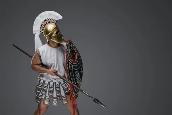 用盾牌和长矛在灰色背景上与古希腊士兵隔离的工作室拍摄 — 图库照片